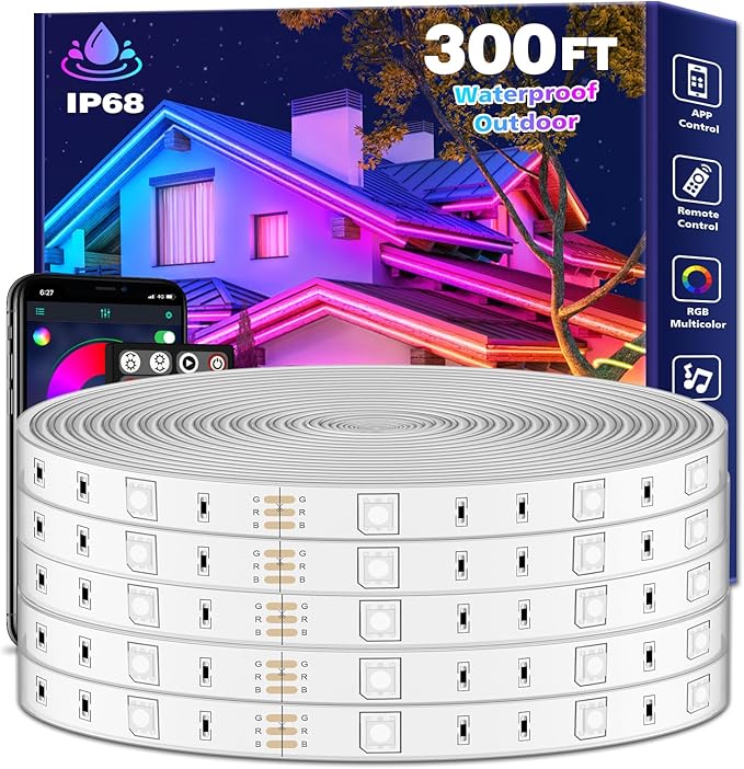 300Ft Outdoor LED Strip Lights Waterproof,Music Sync RGB IP68 Outside Led Light Strips Waterproofs with App and Remote,Exterior Led Rope Lights Waterproof for Deck,Balcony,Roof,Garden,Pool