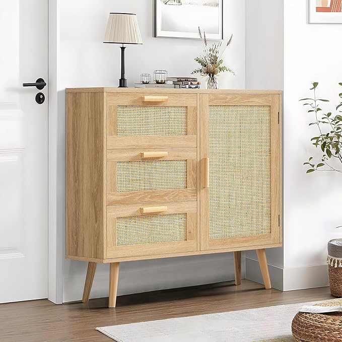 Iwell Storage Cabinet with 3 Drawers, Rattan Cabinet with Adjustable Shelf, Small Storage Cabinets, for Living Room, Entryway, Natural