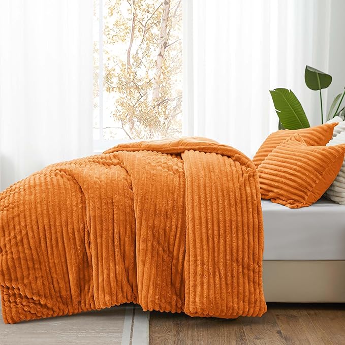 BEDELITE Fleece King Comforter Set -Super Soft & Warm Fluffy Burnt Orange Bedding, Luxury Fuzzy Heavy Bed Set for Winter with 2 Pillow Cases