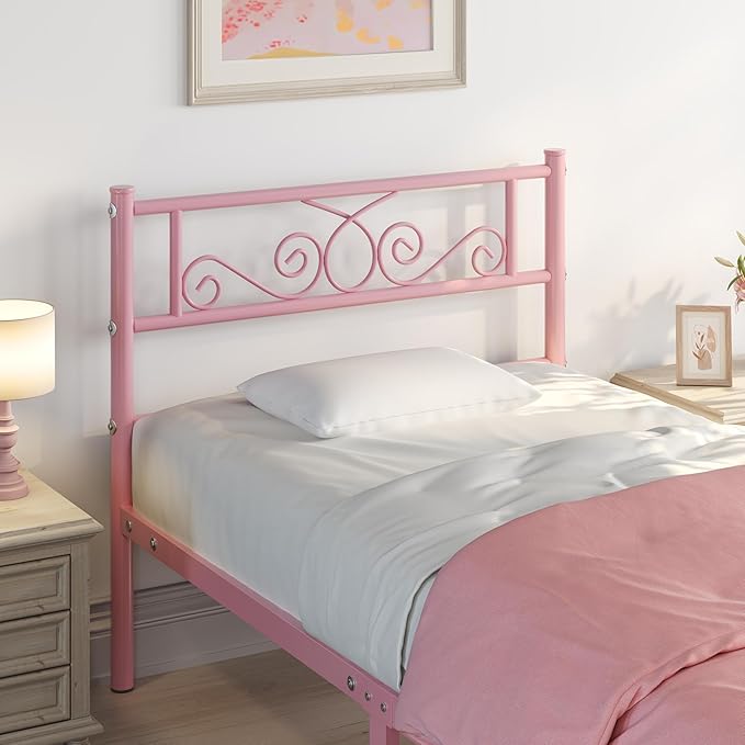Yaheetech Twin Bed Frames Metal Platform Bed with Headboard and Footboard No Box Spring Needed Easy Assembly,Under-Bed Space: 12.6''/Pink/Twin Bed