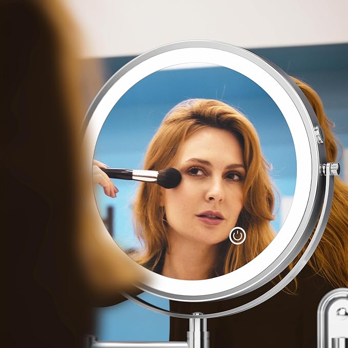 Rocollos Two-Fingers-Width Narrow Base Rechargeable Wall Mounted Lighted Makeup Mirror,3 Color Lights Dimmable Touch Screen,8 Inch LED Double Sided 1X/10X Magnifying Mirror (Polishing Chrome)
