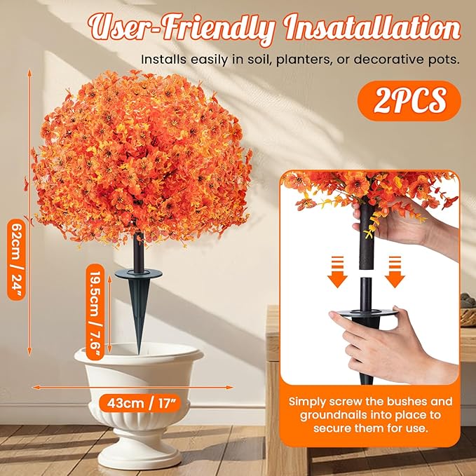 2 Pack 24" Artificial Fall Flowers Boxwood Topiary Ball Trees w/Ground Spike, UV Resistant Autumn Faux Orange Shrubs Bushes Boxwood Plant for Front Door Porch Patio Balcony Garden Yard Outdoor Decor