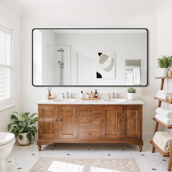 Suidia Bathroom Mirror, 60" x 30" Wall Mirror Metal Framed, Bathroom Vanity Mirror for Living Room Bedroom Bathroom Entryway, Black, Rounded Corner Style