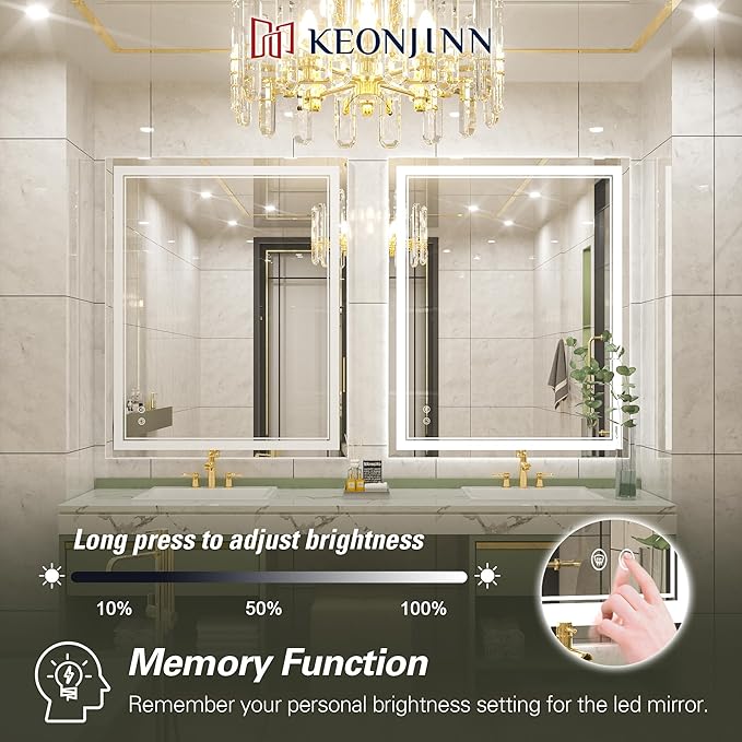 Keonjinn Lighted Bathroom Mirror, 40 x 32 Inch Bathroom LED Mirror with Lights, Frontlit Only, HD Tempered Glass, UL-Listed LED Driver, Anti-Fog, 6000K Dimmale, Easy Installation(Horizontal/Vertical)