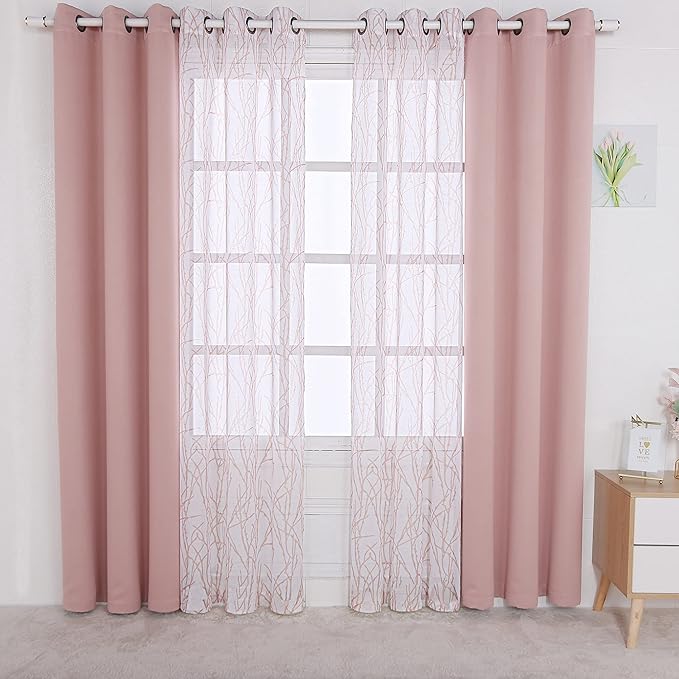 BONZER Mix and Match Curtains - 2 Pieces Branch Print Sheer Curtains and 2 Pieces Blackout Curtains for Bedroom Living Room Grommet Window Drapes, 37x95 Inch/Panel, Blush, Set of 4 Panels