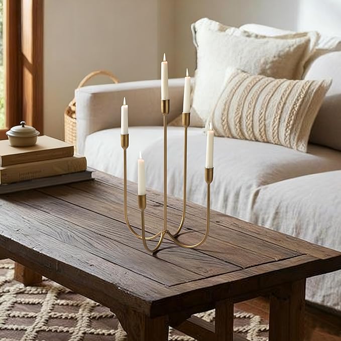 Perfnique 5-Candle Iron Candelabra, 17 Inch Antique Brass Gold Candle Holder, Hand-Forged Cast Gold Candle Holder for Wedding, Event, Christmas & Dining, Table Centerpiece Décor