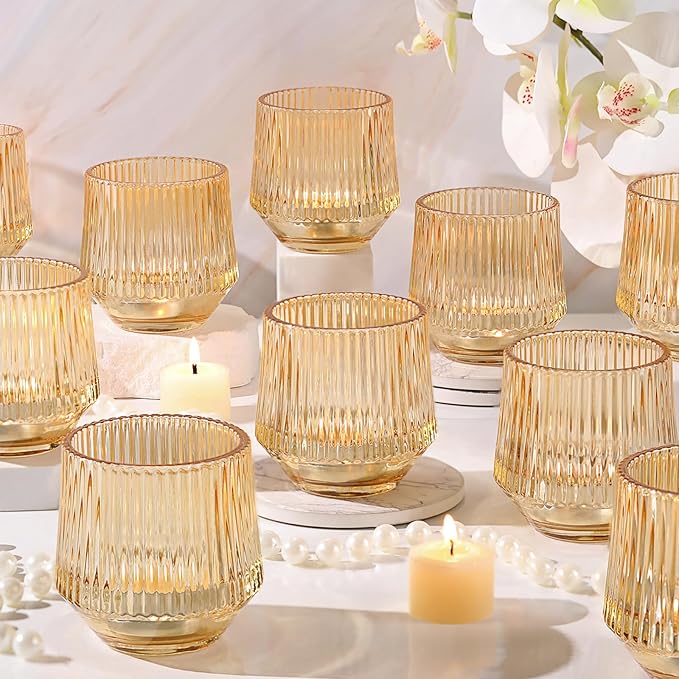 12 Pcs Large Gold Votive Candle Holders- 3.15"×3.15" Ribbed Gold Votives, Gold Tea Lights Candle Holders Votive Holders for Wedding Table Decor, Gold Glass Candle Holders for Table Centerpieces