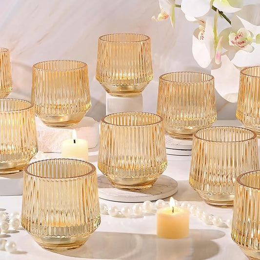 12 Pcs Large Gold Votive Candle Holders- 3.15"×3.15" Ribbed Gold Votives, Gold Tea Lights Candle Holders Votive Holders for Wedding Table Decor, Gold Glass Candle Holders for Table Centerpieces