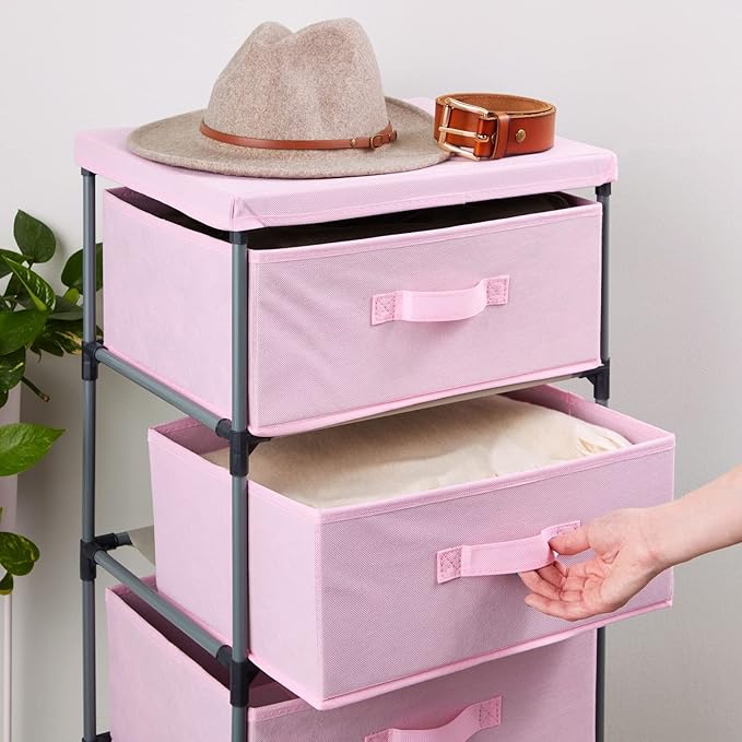 Juvale 4-Tier Dresser for Bedroom - 16.5 x 13 x 33 in, Pink, Modern - Closet Dresser with 4 Fabric Drawers for Clothes & Bedroom Storage