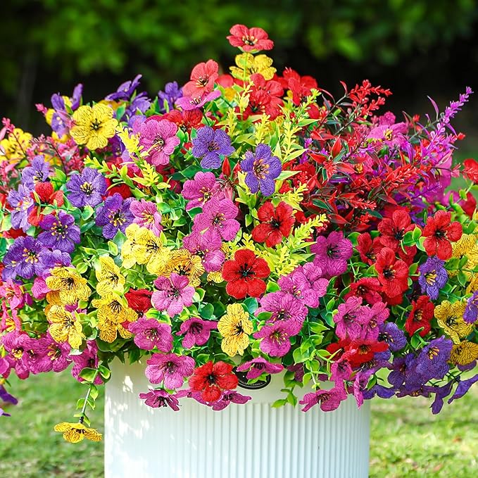 SHareconn 24 Bundles Artificial Flowers for Outdoors Decoration, Faux Plants Fake Silk Colorful Daisy Eucalyptus Lavender, UV Resistant for Outside Home Porch Patio Spring Decor, RedRosyPurpleYellow