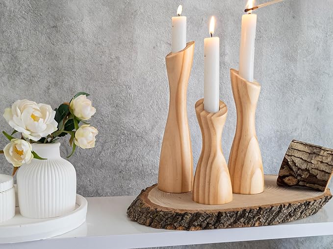 OLEEK Wooden Candlestick Holders Set to Suit Any Style of Decor - Durable & Easy to Clean Wood Candlestick Holders - Set of 3 Wooden Taper Candle Holders - Wood Candle Holder Create A Warm Atmosphere