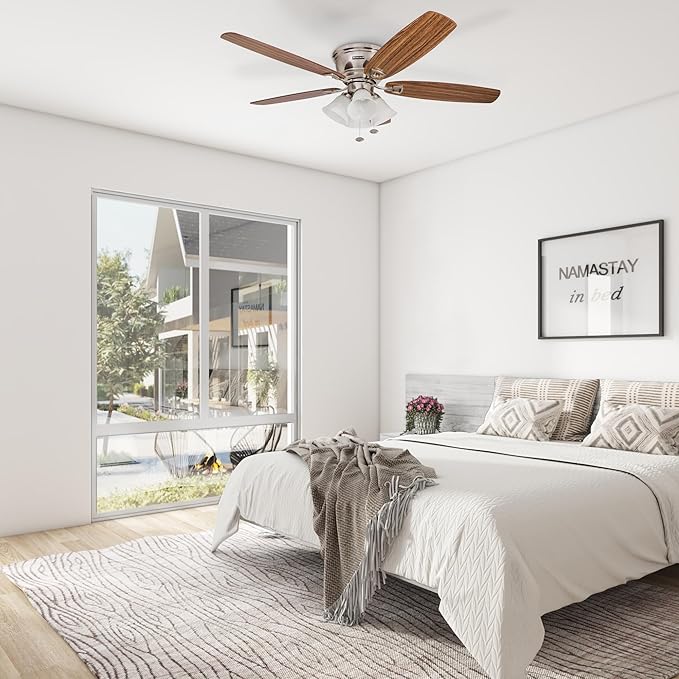 Honeywell Ceiling Fans Glen Alden, 52 Inch Classic Flush Mount Indoor LED Ceiling Fan with Light, Pull Chain, Quick-2-Hang Dual Finish Blades, Reversible Motor - 50182 (Brushed Nickel)