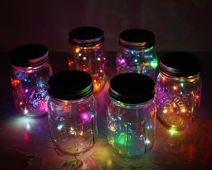 Decorman Solar Mason Jar Lid Lights, 6 Pack 10 LED Waterproof String Fairy Star Firefly Jar Lids Lights for Patio Garden Yard Lawn Party Wedding Christmas Decoration(Jars & Hangers Not Included)