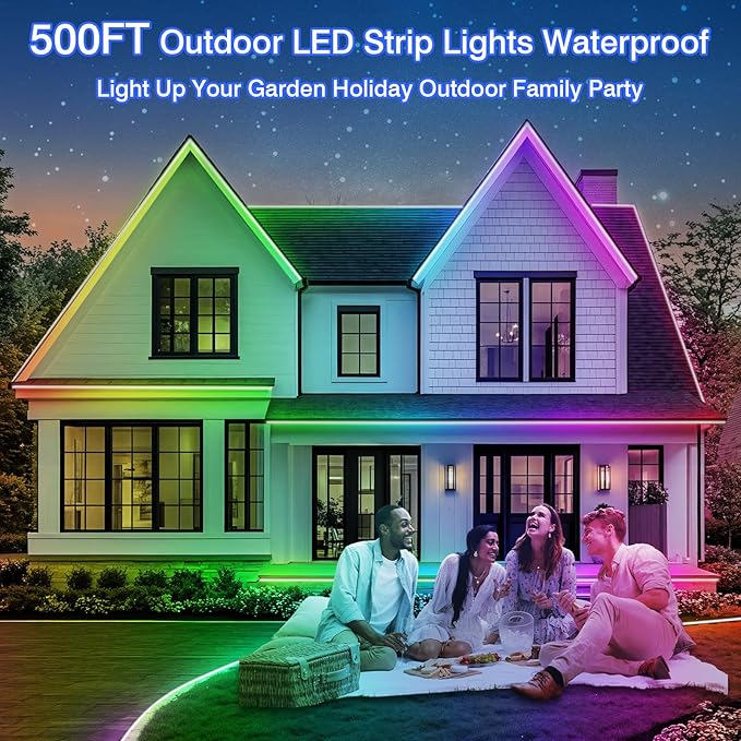 zoegi 500ft Outdoor LED Strip Lights Waterproof,Music Sync RGB IP68 Outside Led Light Strips Waterproof with App and Remote,Exterior Led Rope Lights for Deck,Balcony,Roof,Garden,Pool (500FT)