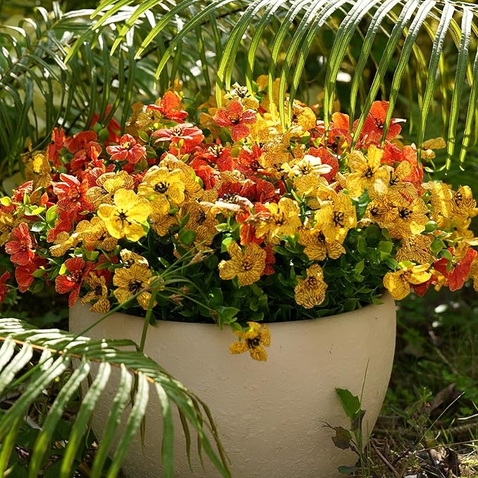 Artificial Flowers for Outdoor, UV Resistant Fake Silk Flowers, Realistic Faux Plants for Outside Indoor Porch Patio Window Box Planter Home Decor (16, Orange Yellow)