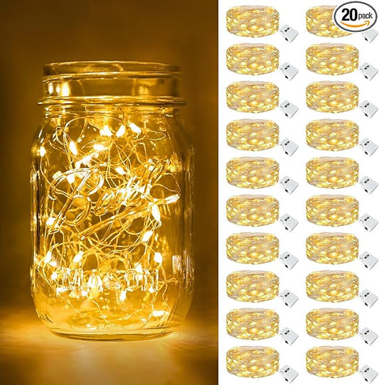 btfarm 20 Pack Fairy Lights Battery Operated, 3 Modes 7ft 20 Led Twinkle Lights, Mini Bulk String Lights Waterproof Silver Wire for Mason Jars Christmas Wedding Vases Centerpiece Decor, Warm White
