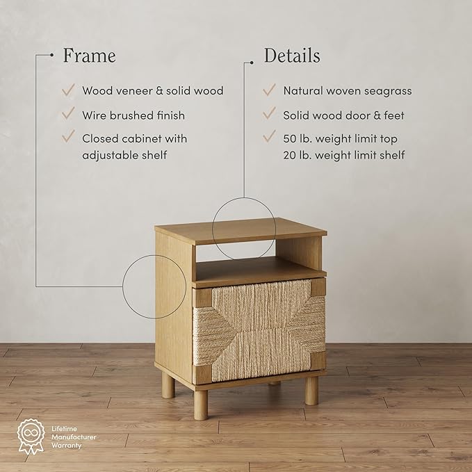 Nathan James Beacon Wood Nightstand, Bohemian Accent Table or Sofa Side Table with Seagrass Door for Bedroom or Living Room, Light Brown, Set of 2