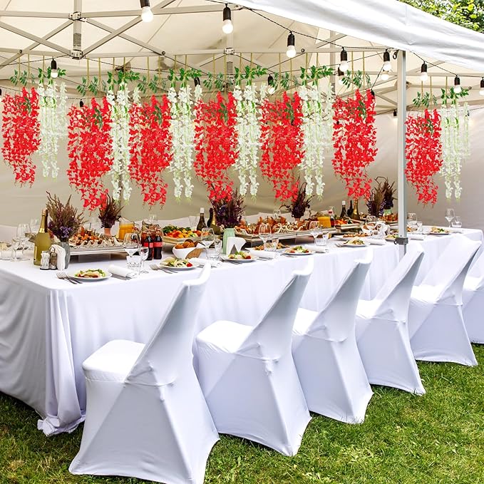 Giegxin 24 Pcs Artificial Wisteria Hanging Flowers 3.6 ft Artificial Fake Wisteria Vine Rattan Hanging Garland Silk Flowers String for Wall Home Wedding Party Greenery Decorations (Dark Red,White)
