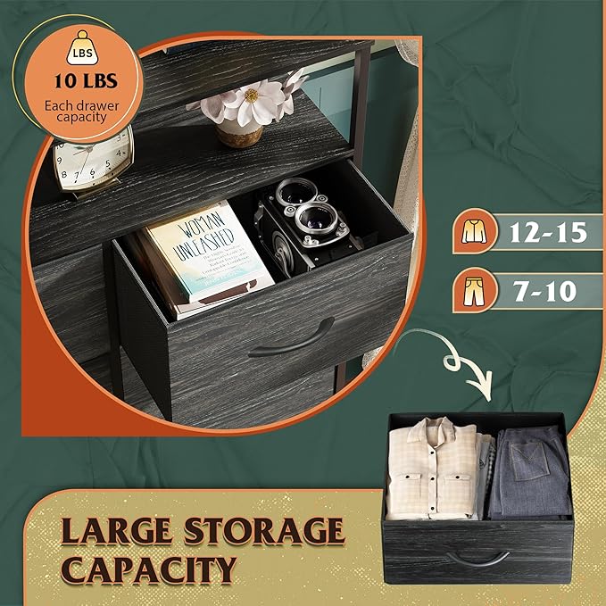 WLIVE Fabric Dresser for Bedroom with Open Shelves, Tall Dresser with 8 Drawers, Storage Tower with Fabric Bins, Chest of Drawers for Closet, Living Room, Hallway, Charcoal Black Wood Grain Print
