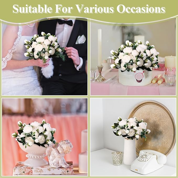 Hoteam 24 Bundles Artificial Peonies Flowers Wedding Faux Flowers Silk Peony Bouquet Bulk Bride Fake Florals Arrangements for Table Centerpieces Wedding Party Vase Decor (White)