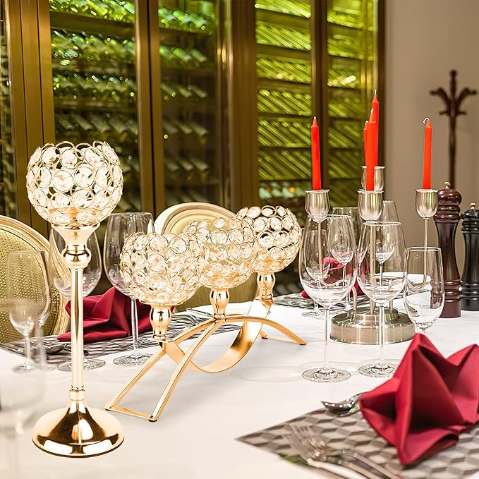 Gold Crystal Candle Holders Decorative Candelabra 3 Arms Candlesticks Holder Table Centerpiece Center Pieces Decoration for Dining Table Home Decor, Wedding, Party, Anniversary