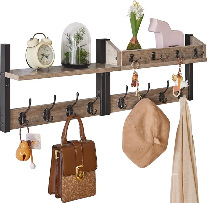 YMYNY 31.5" Coat Rack Wall Mount with Shelf, 4 in 1 Key and Coat Hanger with 12 Metal Hooks, Wall Shelf with Hooks & Mail Holder for Living Room, Bedroom, Silver Gray, HWS007Y-2