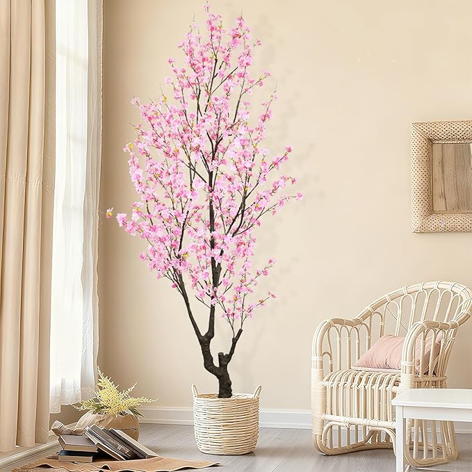 Faux Pink Cherry Blossom Tree 8ft(94in) Tall Artificial Plant Indoor Decor Handmade Natural Sakura Tree for Wedding Realistic Cherry Plant in Pot for Home Living Room,Office,Outdoor Decor.