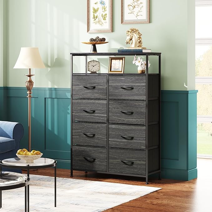 WLIVE Fabric Dresser for Bedroom with Open Shelves, Tall Dresser with 8 Drawers, Storage Tower with Fabric Bins, Chest of Drawers for Closet, Living Room, Hallway, Charcoal Black Wood Grain Print