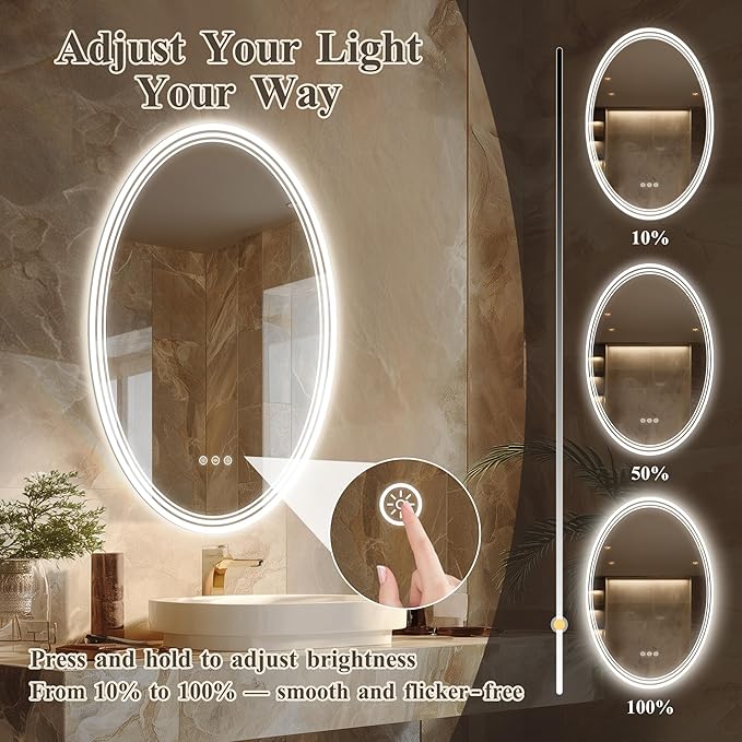 24''x36'' Oval Lighted Mirrors for Bathroom Wall Backlit + Front Lit, Oval LED Bathroom Mirror Frameless with Lights Anti Fog, Dimmable, 3 Colors,Tempered Glass, Shatter-Proof