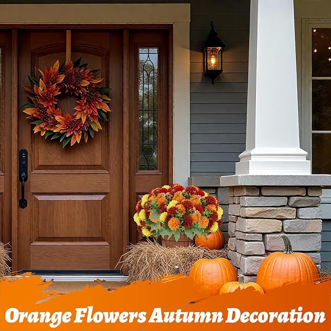 12 Pack with 84 Flower Heads Artificial Chrysanthemum Flowers, Fall Floral Decor for Indoor Outdoor, Porch, Patio, Front Yard, Planters, Thanksgiving