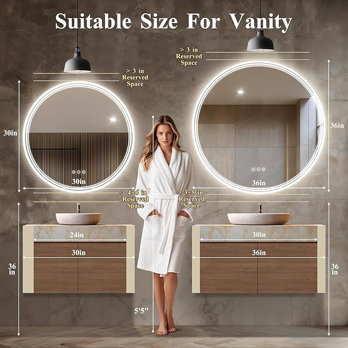30''x30'' Lighted Mirrors for Bathroom Wall Backlit + Front Lit, Round LED Bathroom Mirror Frameless with Lights Anti Fog, Dimmable, 3 Colors,Tempered Glass, Shatter-Proof