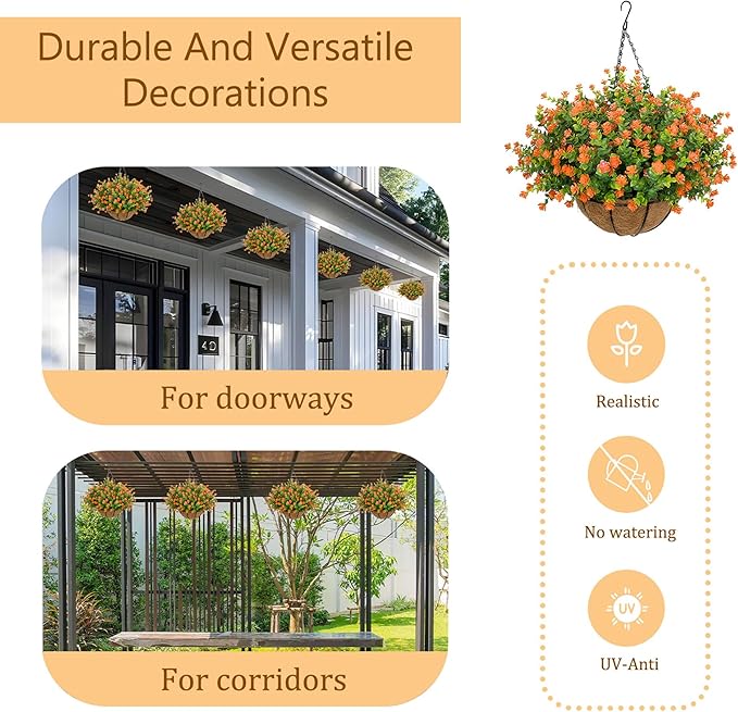 Artificial Hanging Flowers Basket for Outdoor, 16 Fake Flowers Look Real UV Resistant, Faux Hanging Plants for Porch, Balcony, Patio, Garden, Spring Summer Decor,Orange