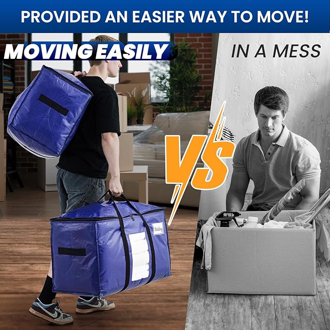 TAILI 12 Pack Dark Blue Extra Large Moving Bags, Heavy Duty Totes with Visible Window, Wrap Around Handles, Great for Space-Saving