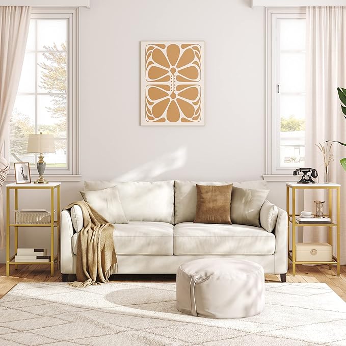 HOOBRO Side Table, 3-Tier Tall End Telephone Table with Adjustable Mesh Shelves, Small Entry Table for Living Room Bedroom Hallway or Office, White and Gold DW01DH01G1