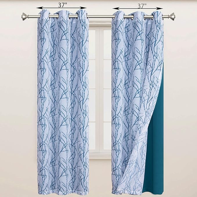 BONZER Mix and Match Curtains - 2 Pieces Branch Print Sheer Curtains and 2 Pieces Blackout Curtains for Bedroom Living Room Grommet Window Drapes, 37x95 Inch/Panel, Teal, Set of 4 Panels