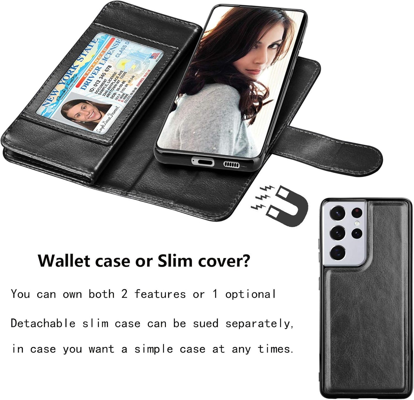 NJJEX Wallet Case for Samsung Galaxy S21 Ultra 5G, PU Leather Folio Flip with 9 Card Slots, Detachable Kickstand [Black]
