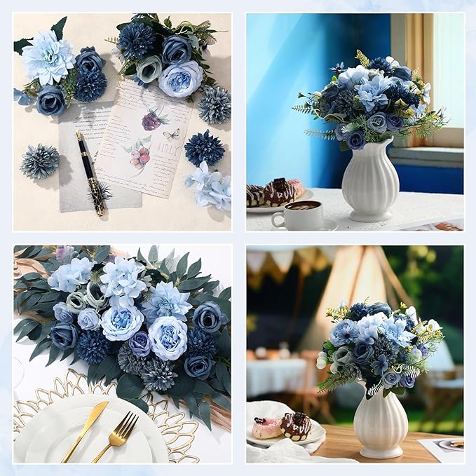 Zeyune 12 Bundles Artificial Peonies Flowers Artificial Silk Rose Faux Dahlia Fake Chamomile Hydrangea Bouquet Bulk for Vase Home Wedding Centerpiece Party Decoration(Indigo,Gradient Blue)
