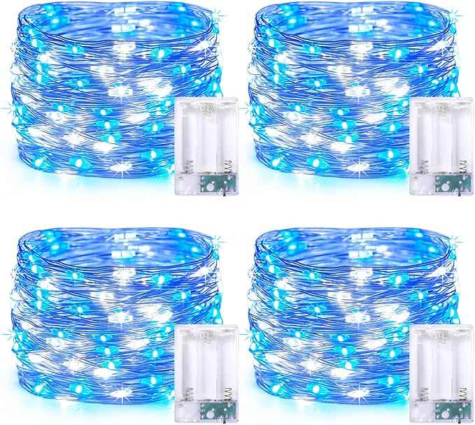 JMEXSUSS 4 Pack 50 LED Fairy Lights Battery Operated Silver Wire 16.1ft Waterproof Blue & White Twinkle Lights for Gifts Party Wedding Christmas Indoor Outdoor Decorations