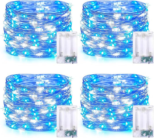 JMEXSUSS 4 Pack 50 LED Fairy Lights Battery Operated Silver Wire 16.1ft Waterproof Blue & White Twinkle Lights for Gifts Party Wedding Christmas Indoor Outdoor Decorations