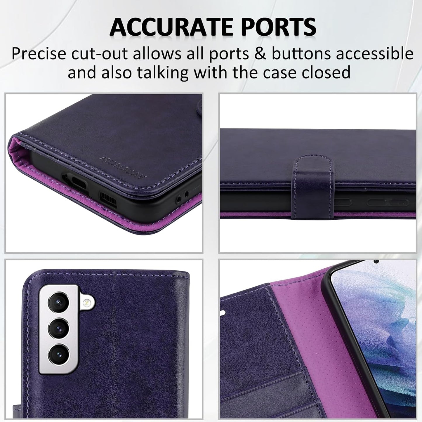 MONASAY Flip Folio Leather Wallet Case for Galaxy S22 5G, Purple, with Screen Protector & RFID Blocking, Credit Card