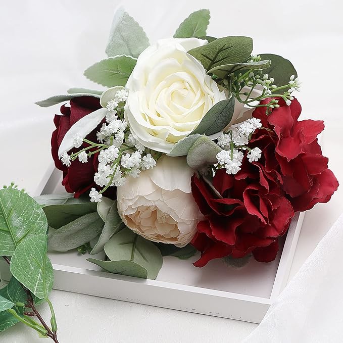 Artificial Flowers Bridesmaid Bouquets - Set of 4 Bridesmaid Bouquet Burgundy White Handmade Silk Floral Bouquet for Wedding Ceremony Anniversary, Bridal Shower, Home Table Decorations