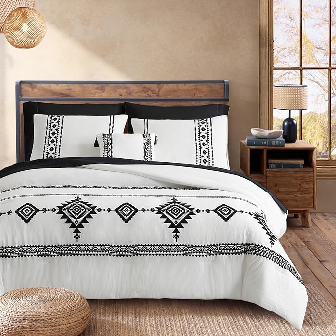 MaiRêve Embroidery Boho Comforter Sets Full Size - 7 Piece, Farmhouse Western White Black Comforter Set, All Season Bed in A Bag Full Size with Sheets, Pillowcases & Shams