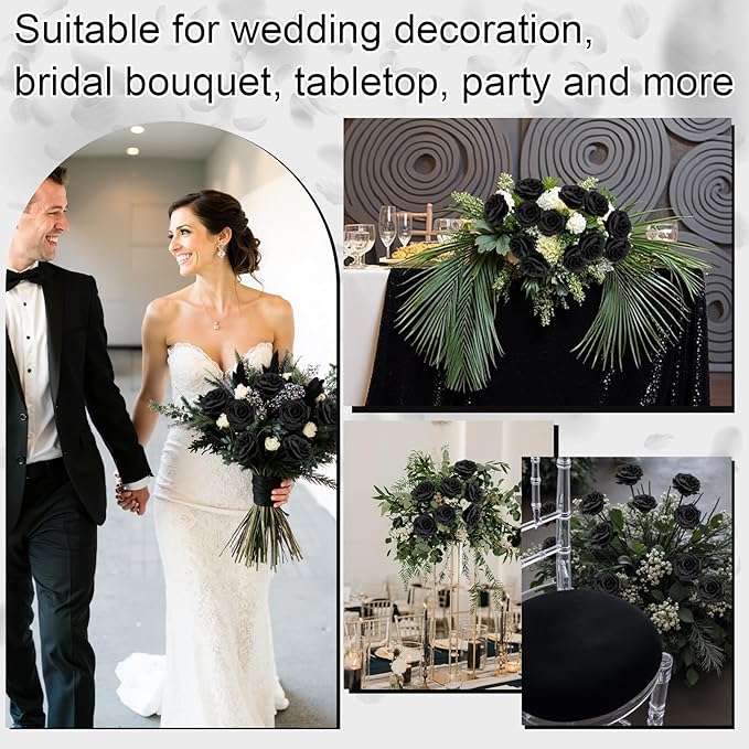 Ouddy Decor 50 Pcs Artificial Black Roses Bulk Realistic Fake Silk Flowers with Long Stems for Fall Halloween Wedding Bridal Bouquet DIY Table Centerpieces Arrangement Valentines Home Decor