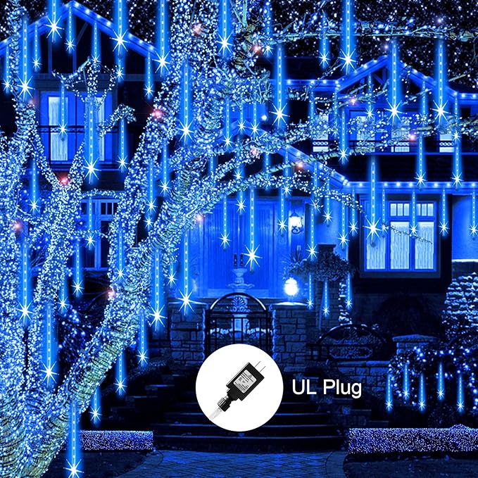 Aukora Blue Christmas Lights Outdoor, UL Plug 24 Tubes 576 LEDs Meteor Shower Light, Tandemable Icicle Snow Falling Rain Lights for Xmas Tree Halloween Decorations Wedding Party Holiday Garden Decor