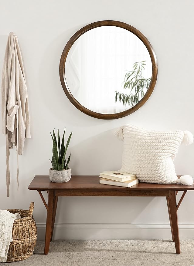 Kate and Laurel Pao Midcentury Modern Round Wood Wall Mirror; 28 Inch Diameter; Walnut; Decorative Circle Mirror with Warm Wood Finish for Robust Wall Decor