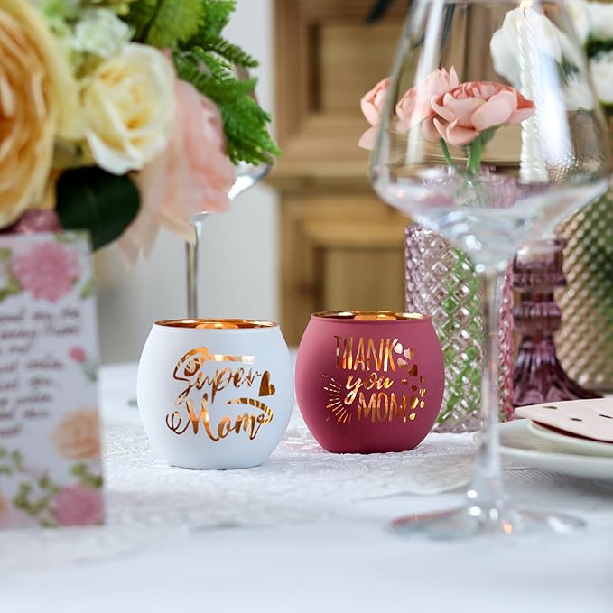 Birthday Gifts for Mom, Delicate Mother Gifts from Daughter Son, Engraved Glass ealight Votive Candle Holder Pink, Mothers Day Christmas Birthday Gifts for Mom, Ideas 6PCS