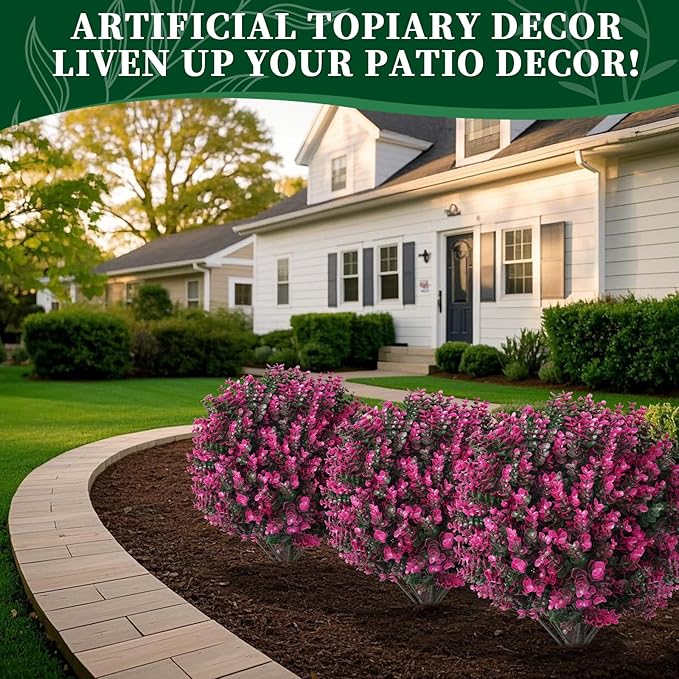 Artificial Pink Eucalyptus Topiary Ball Trees, 2 Set of 16'' UV Resistant Fake Evergreen Shrubs Bushes Plants with Ground Spike, Fake Plants for Outdoor Indoor Front Porch Garden