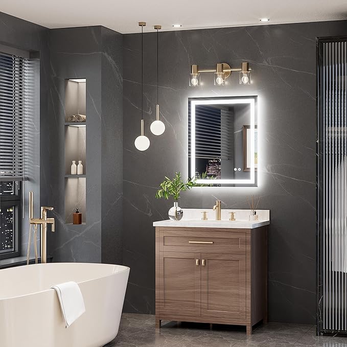 TokeShimi 24x30 LED Bathroom Mirror with Lights,Front Lit + Backlit,Anti-Fog LED Mirror for Bathroom,Stepless Dimmable 3-Color Light,Tempered Glass,Memory,UL Listed,Waterproof