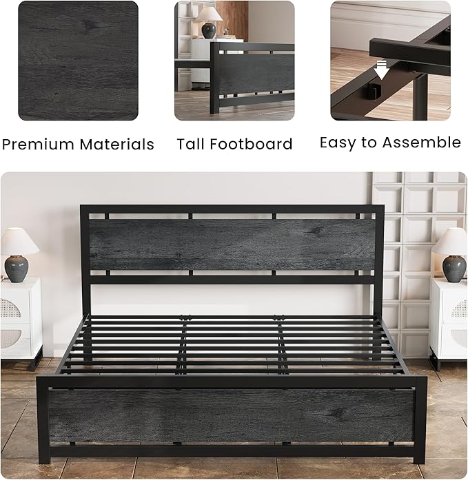 LIKIMIO California King Bed Frame with Headboard and Footboard, Metal Strong Supports, Easy Assembly, Noise-Free, No Box Spring Needed, Charcoal Grey