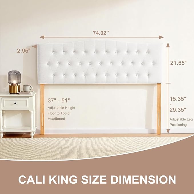 Tufted Upholstered Headboard California King, Sturdy and Durable Solid Wood Bed headboard, Fabric Headboard Adjustable Height from 37” to 51”, Button Diamond Design Head Board, White
